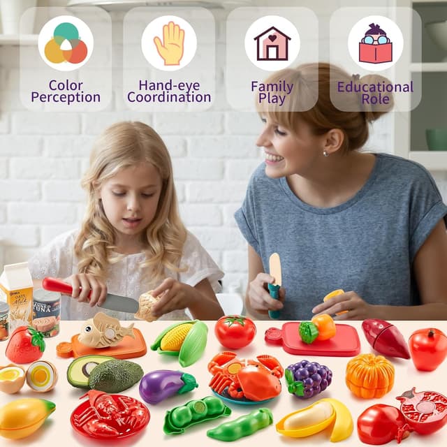 Detalle de Laugigle Pretend Play Food für Kinderküche – 78-teiliges Spielfutter-Set mit Aufbewahrungstasche