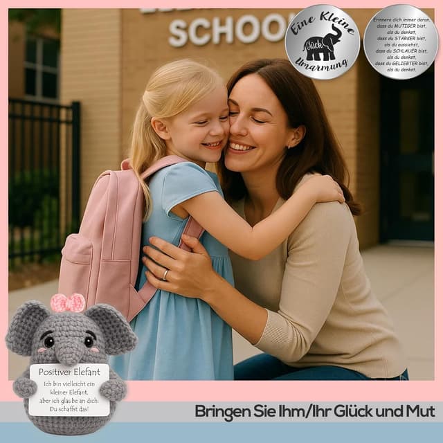 Detalle de Tixlux Pocket Hug Positiver Elefant – Strickfigur mit Glücksbringer-TonToken als Mutmacher-Geschenk (Rosa)