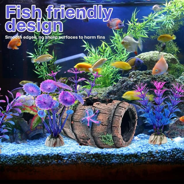 Detalle 2 de LZYDKH broken barrel cave ornament with 4 aquatic plants for aquariums