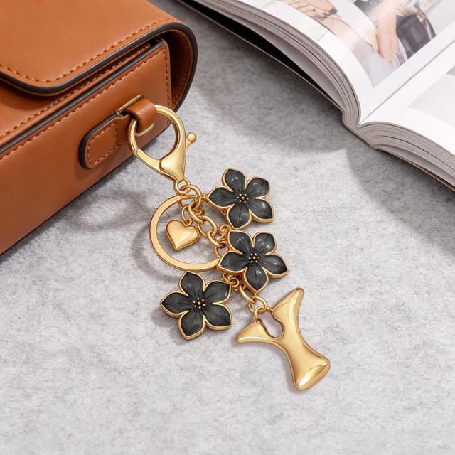 Detalle de Snylcce Bubble Initial Keychain with Graceful Flower Charms (Personalised A–Z Letter) for handbag & backpack keyrings