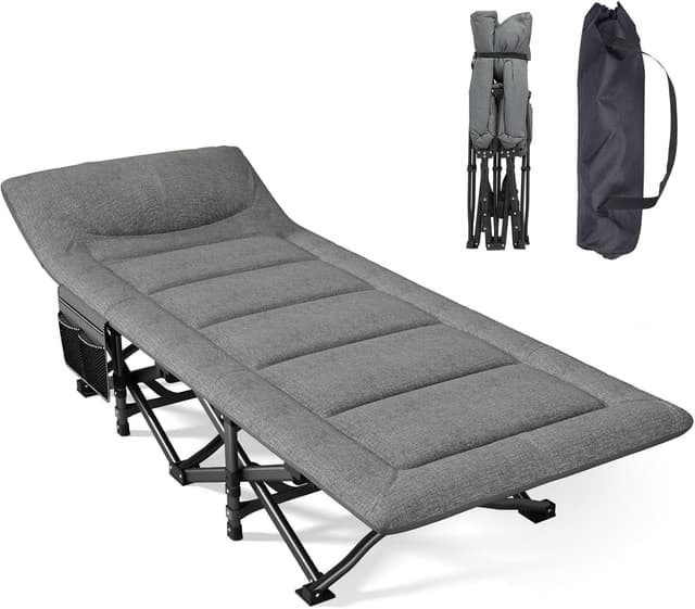 Detalle de Mopaicot Furn faltbares Campingbett (Feldbett) bis 200 kg – mit integriertem Kissen für Indoor, Outdoor & Garten