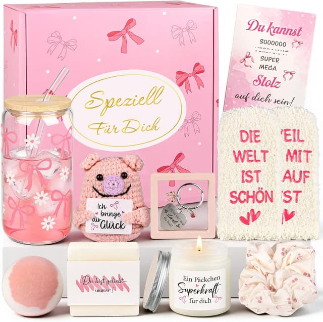 Detalle de Giftota Geschenkset für Frauen – Glücksschwein Self Care Wellness Geschenkbox mit Schleifen-Glasbecher & Duftkerze