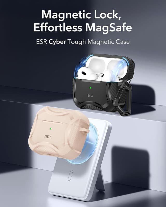 Detalle de ESR Cyber Armor Panzer Hülle für AirPods Pro 2 (2023/2022) & Pro 1 (2019) – MagSafe-ready, starker Sturzschutz, Magnete, Wüstentitan