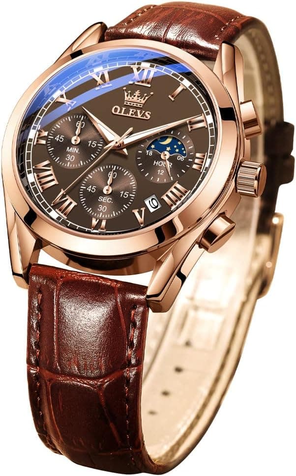 Thumbnail 6 de OLEVS Men Moon Phase Leather Strap Analog Quartz Watch (3ATM) with Calendar, Luminous Hands
