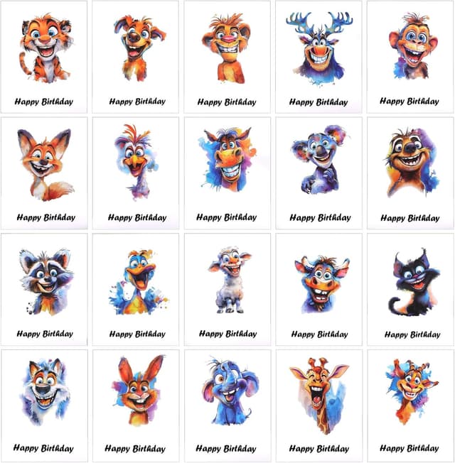 Detalle de 20 Pack Animal Birthday Cards with Envelopes (12 x 17 cm) & Stickers – Multipack for Bulk Birthday Greetings