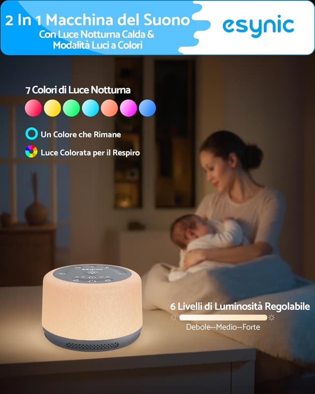 Detalle de eSynic Rumore Bianco per Neonato con Luce Notturna 7 Colori, Timer e Suoni Ricaricabile