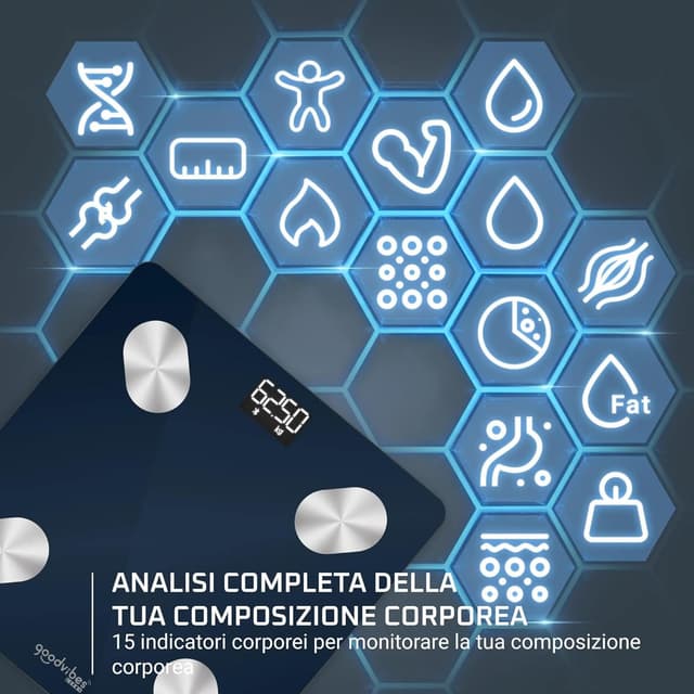 Detalle de Rowenta Goodvibes Life+ 2.0 BR9720, bilancia smart con schermo LED e 15 indicatori corporei fino a 180 kg