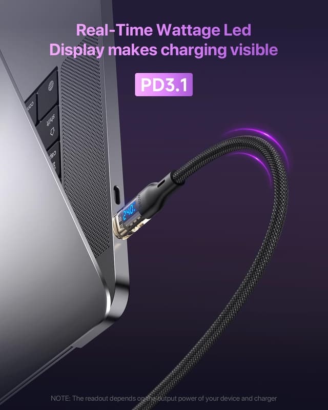 Detalle de VisionSync 240W USB‑C auf USB‑C transparentes Kabel mit LED‑Anzeige (2er‑Pack, 2 m) – für Schnellladung