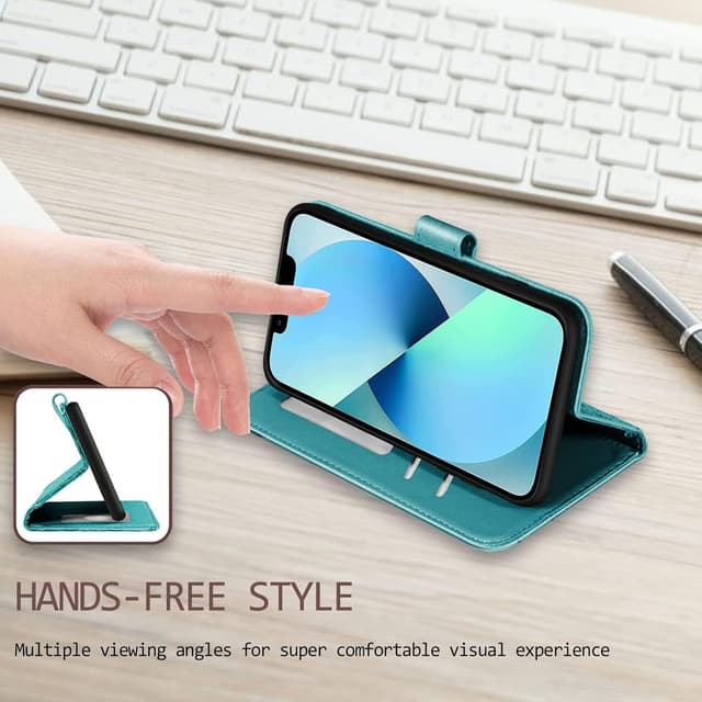 Detalle de Nbziyoo Embossed Deer Floral Flip Wallet Case for iPhone 14 Plus (Blue)