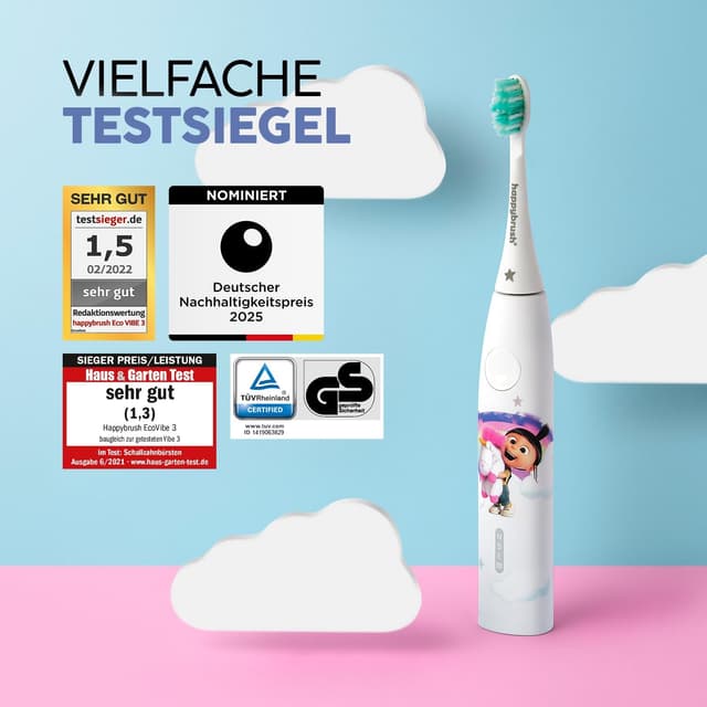 Detalle de happybrush Kids Schallzahnbürste inkl. 3 Aufsteckbürsten – Paw Patrol & Minions Agnes Einhorn-Design
