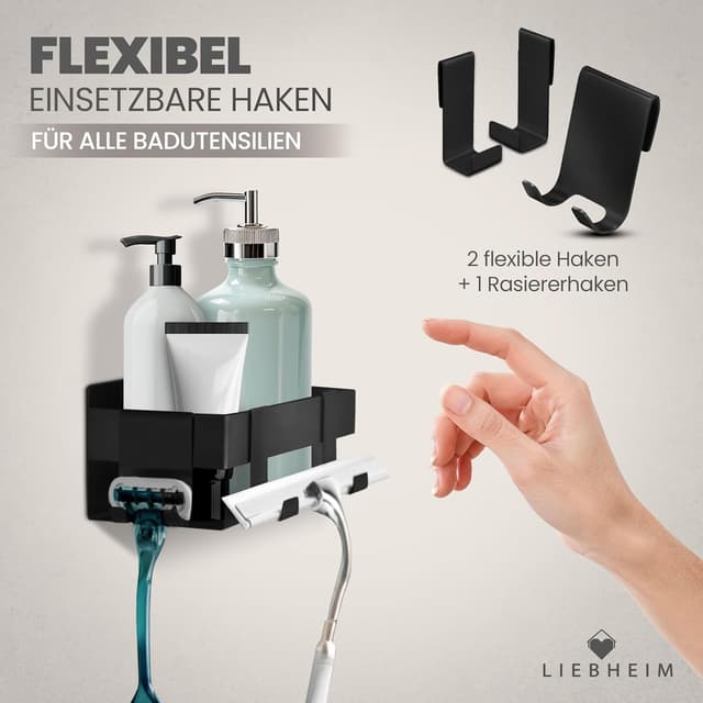 Detalle 2 de LIEBHEIM Duschablage ohne Bohren – modernes Badregal für Dusche, Duschkorb-Organizer (schwarz)