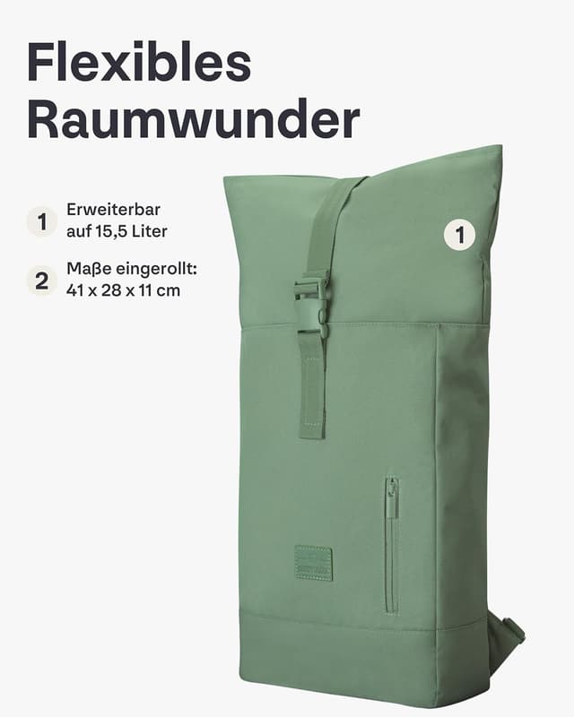 Detalle de Johnny Urban Robin Medium Rolltop Rucksack (15L) mit Laptopfach – grün, unisex
