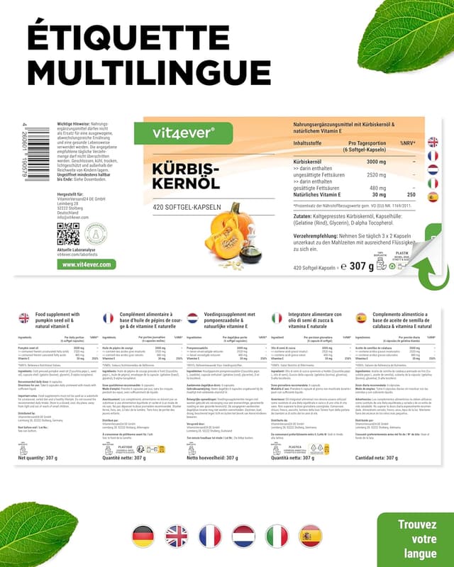 Detalle 2 de Huile de Pépins de Courge en capsules (420) – 3000 mg par portion journalière avec vitamine E