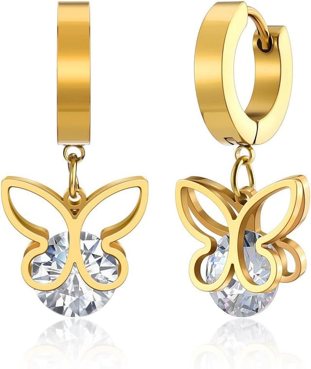 Detalle de PiercingJak Schmetterling Ohrringe aus Gold-Edelstahl mit Zirkonia – Creolen mit Anhänger für Damen