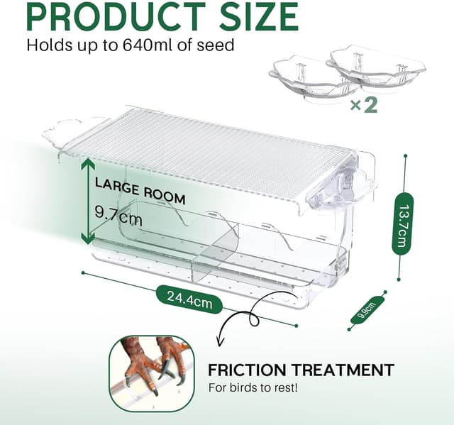 Detalle 2 de WELDUN Window Bird Feeder with clear plastic viewing, 2 water bowls and removable trays