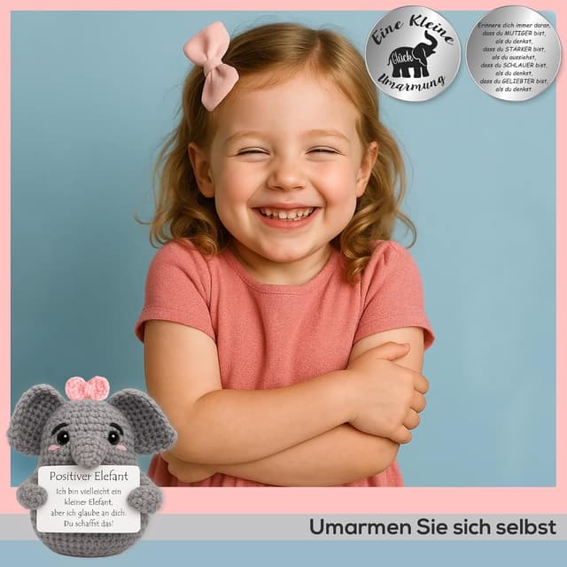 Detalle 2 de Tixlux Pocket Hug Positiver Elefant – Strickfigur mit Glücksbringer-TonToken als Mutmacher-Geschenk (Rosa)