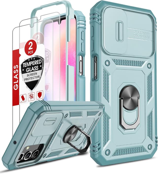 Detalle de LeYi for Samsung Galaxy A25 5G Camera Cover Slider Case (2-pack tempered glass + ring stand)