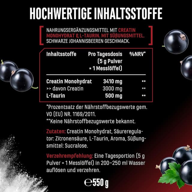 Detalle 2 de GEN German Elite Nutrition Flavoured Creatine Pulver (550 g) – Kreatinmonohydrat mit L-Taurin, schwarzbeeren, zuckerfrei