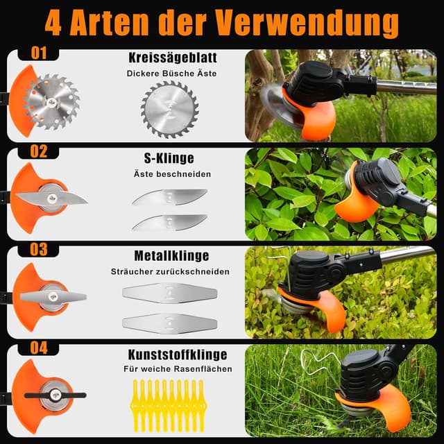 Detalle de Xbzzgmg Akku-Rasentrimmer mit 2 Akkus und 4 Messertypen, Teleskop-Freischneider für Kanten & Hof