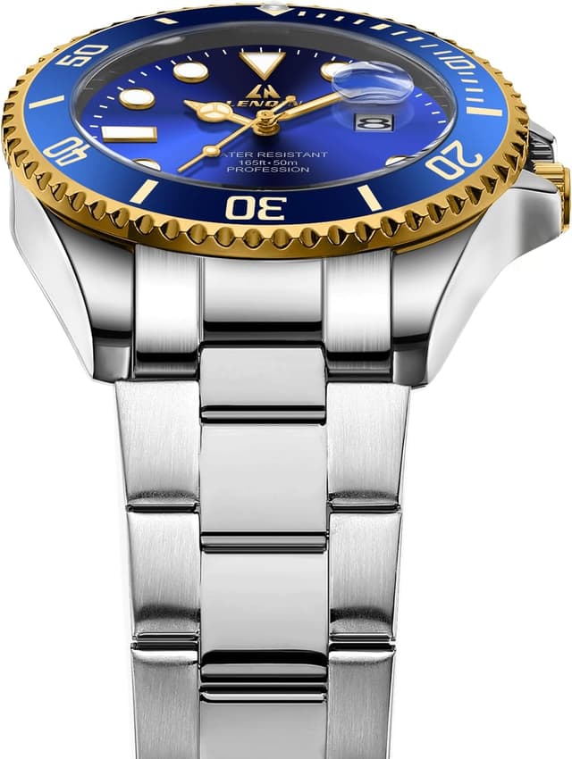 Detalle de LN LENQIN Herrenarmbanduhr aus Edelstahl mit Quarzwerk, Datum und leuchtendem Zifferblatt (wasserdicht bis 3 ATM)