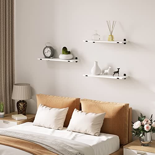 Detalle de EUGAD Estantería de pared con 3 baldas flotantes (juego de 3), MDF blanco, 60x20x7 cm y hasta 15 kg por estante