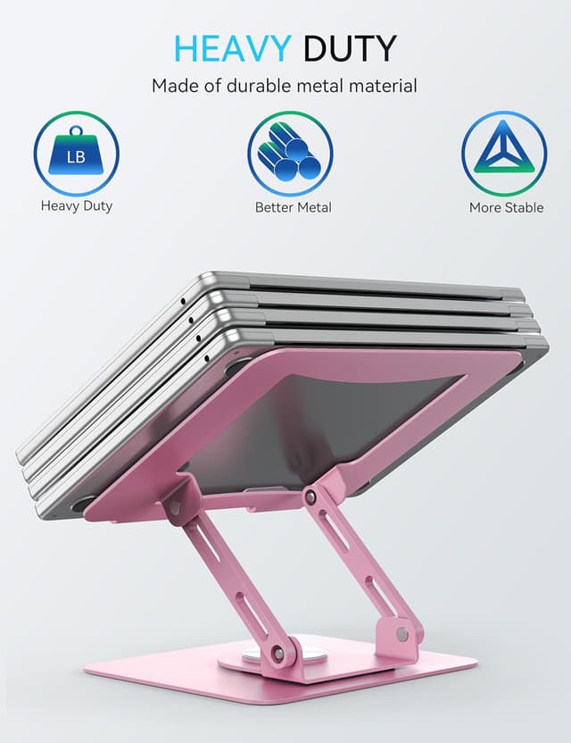 Detalle de SOUNDANCE 360° Rotating Laptop Stand (10–15.6in) with Adjustable Height, Foldable Metal Riser – Pink