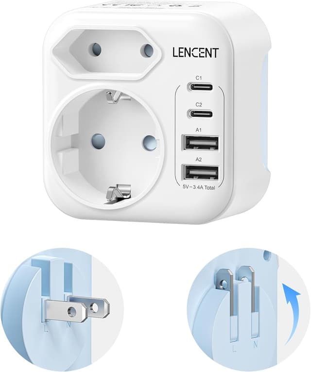 Detalle de LENCENT klappbarer Reiseadapter Japan (Typ A) mit USB-C & USB-A – 6-fach, kompakt für Deutschland/USA/Kanada/Thailand