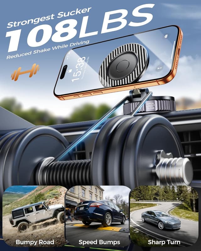 Detalle de Car Phone Holder for MagSafe with Carbon Fiber Look — 108LBS Vacuum Suction Mount, 360° Adjustable Magnetic Phone Mount