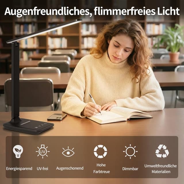 Detalle de UPXNBOR Schreibtischlampe LED dimmbar mit Touch, Augenschutz und USB-A-Ladeanschluss