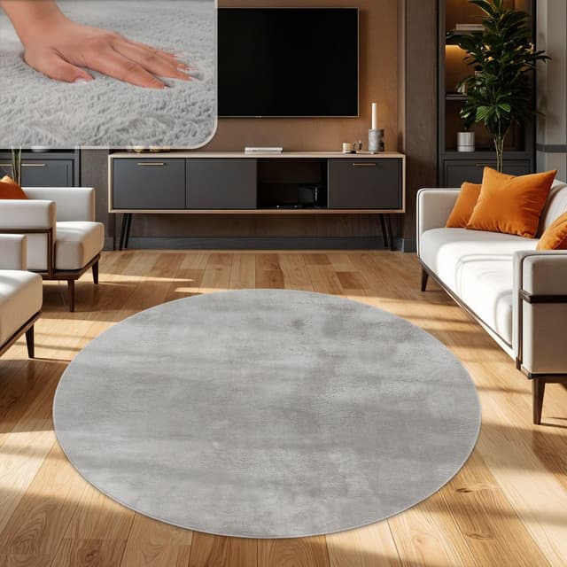 Detalle de TT Home Shaggy rond en gris, tapis à poils pelucheux 200 cm
