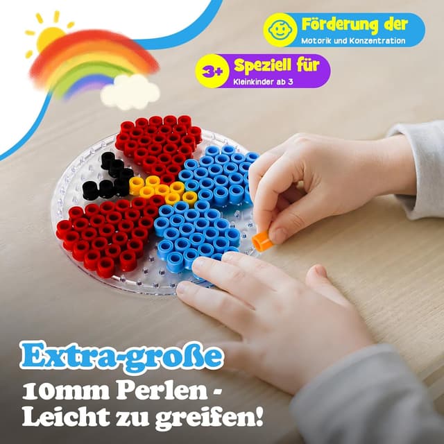 Detalle de Bügelperlen Set Groß 10 mm – Komplettset mit 2 Bügelplatten & Vorlagen für Kinder ab 3 Jahren