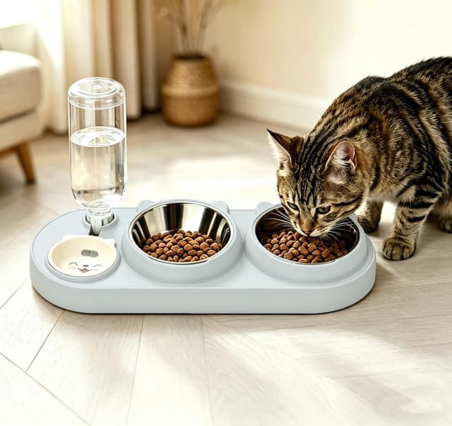 Detalle de Marchul 3-in-1 Katzennapf Set: Futter-, Wasser- und Wasserspender-Schalen mit 15° Neigung