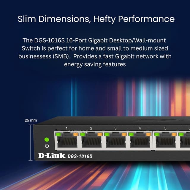 Detalle de D-Link DGS-1016S 16-Port Unmanaged Gigabit-Switch (lüfterlos, Low-Profile Metallgehäuse, Desktop/Wandmontage)
