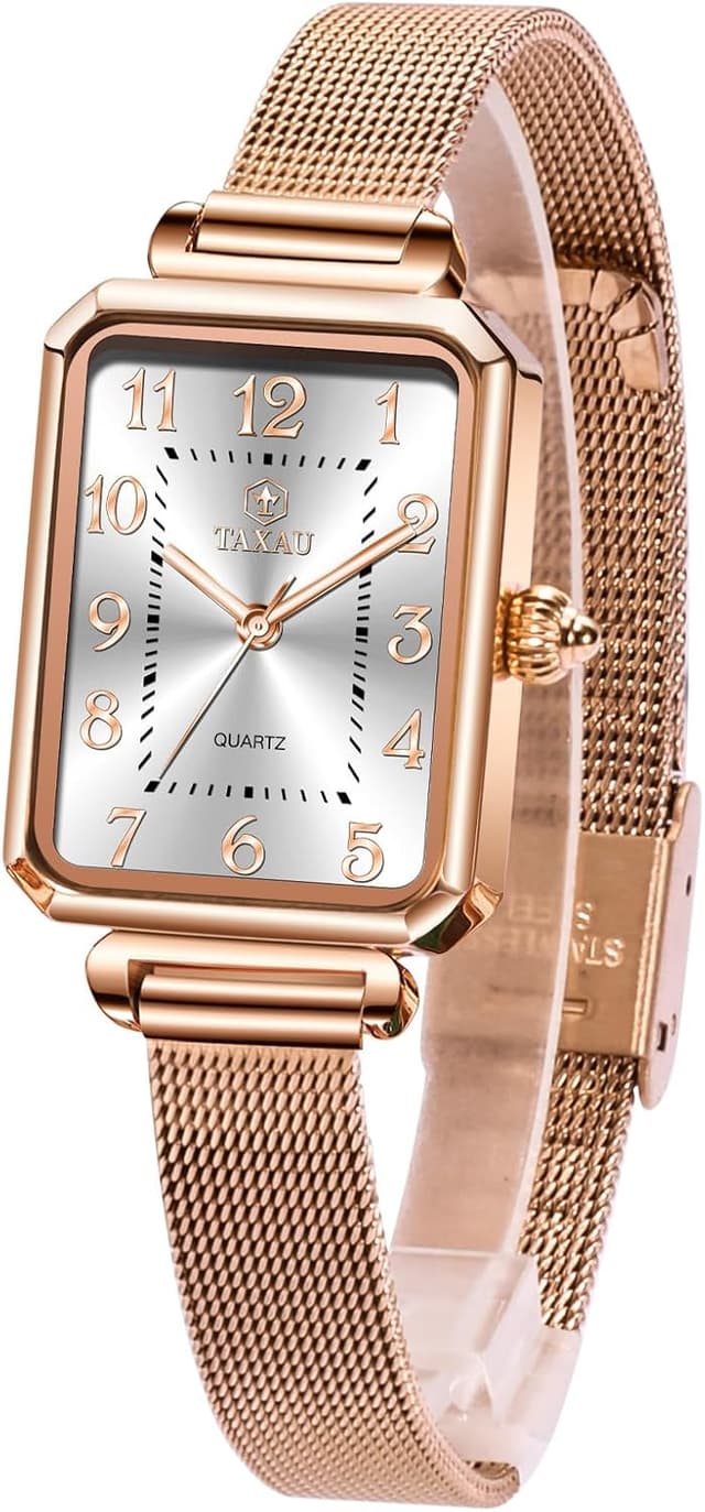 Detalle de Taxau Damenuhr eckig mit Edelstahl-Mesh-Armband, rechteckiges Quarz-Uhrwerk (roségold, wasserdicht)