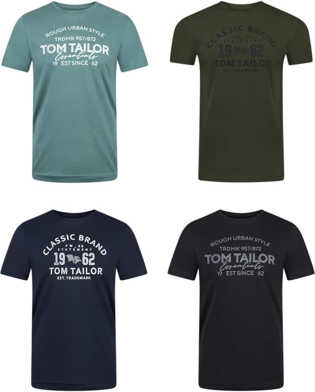 Detalle de TOM TAILOR Herren T-Shirt Regular Fit im 4er-Pack aus Baumwolle (Rundhals, Kurzarm) mit Logoprint
