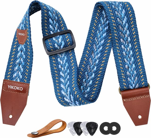 Detalle de YIKOKO Gitarrengurt 5,1 cm aus Baumwolle mit Vollnarbenlederenden – für Bass, E‑Gitarre und Akustik