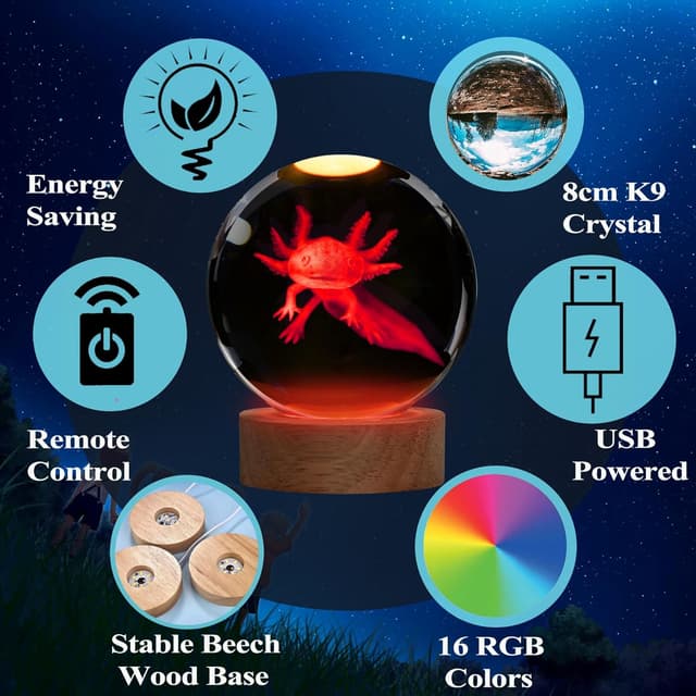 Detalle de Axolotl Nachtlicht 3D K9 Crystal Lampe mit Fernbedienung 16 Farben