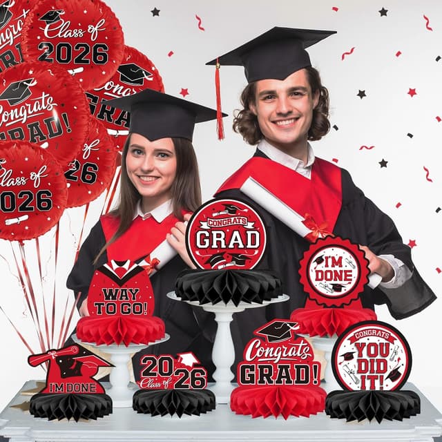 Detalle de 9-Piece Graduation Honeycomb Table Centerpiece Set (Red & Black) for 2026 Congrats Grad