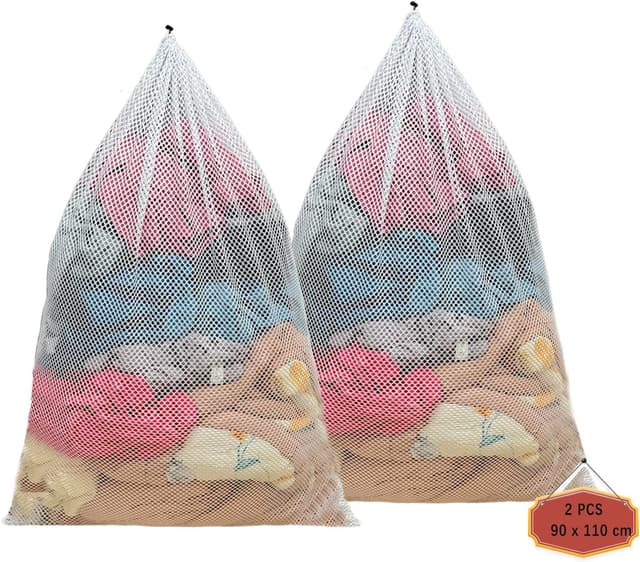 Detalle de 2er-Set Wäschenetz Groß (90 x 110 cm, XXXL) mit Kordelstopper – für Waschmaschine, Schutz & Sortieren