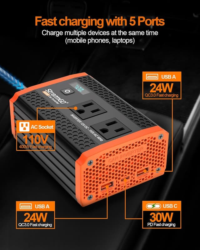 Detalle de 400W Car Power Inverter with Dual AC Outlets and USB-C PD Fast Charging (30W)