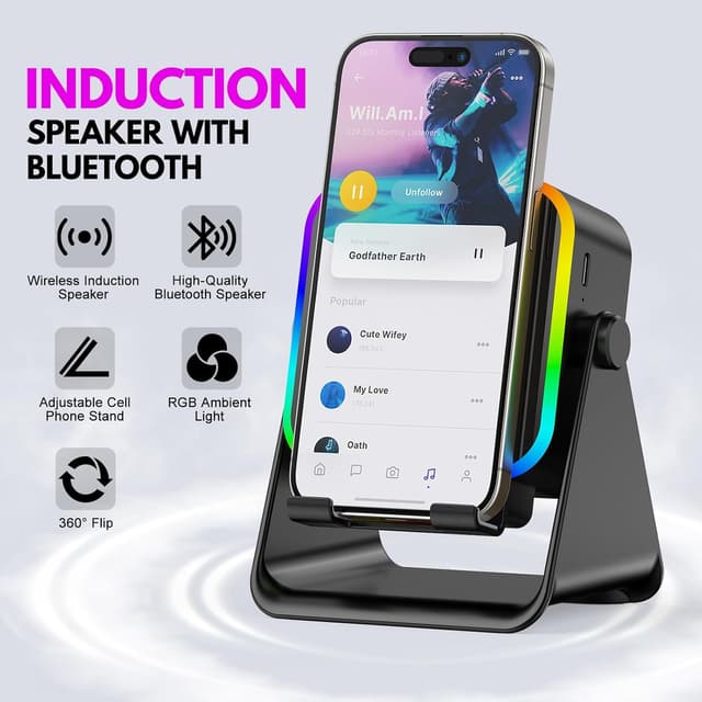 Detalle 2 de Wireless Induction Audio Bluetooth Speaker (Square, Black) with RGB & Phone Stand