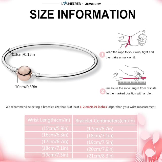 Detalle 2 de LMLMECREA Damen Charm-Armband aus 925 Sterling Silber mit Roségoldfarbenem Rundverschluss (Bettelarmband)