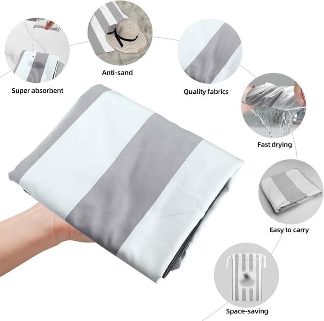 Detalle de CNMTCCO Large Beach Towel for Adults (160x90cm) in Light Grey – quick-dry microfibre with sand-free design and bag
