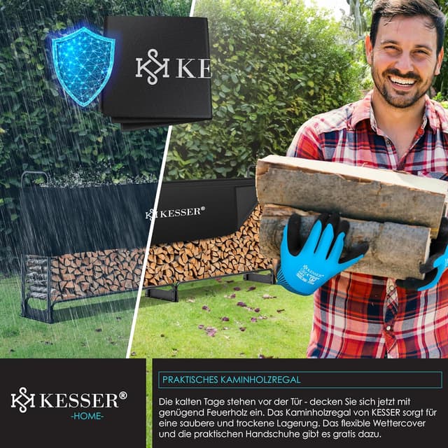 Detalle de KESSER® Kaminholzregal Metall 260×36×117 cm – Stahlrahmen für den Außenbereich mit Abdeckung & Handschuhen