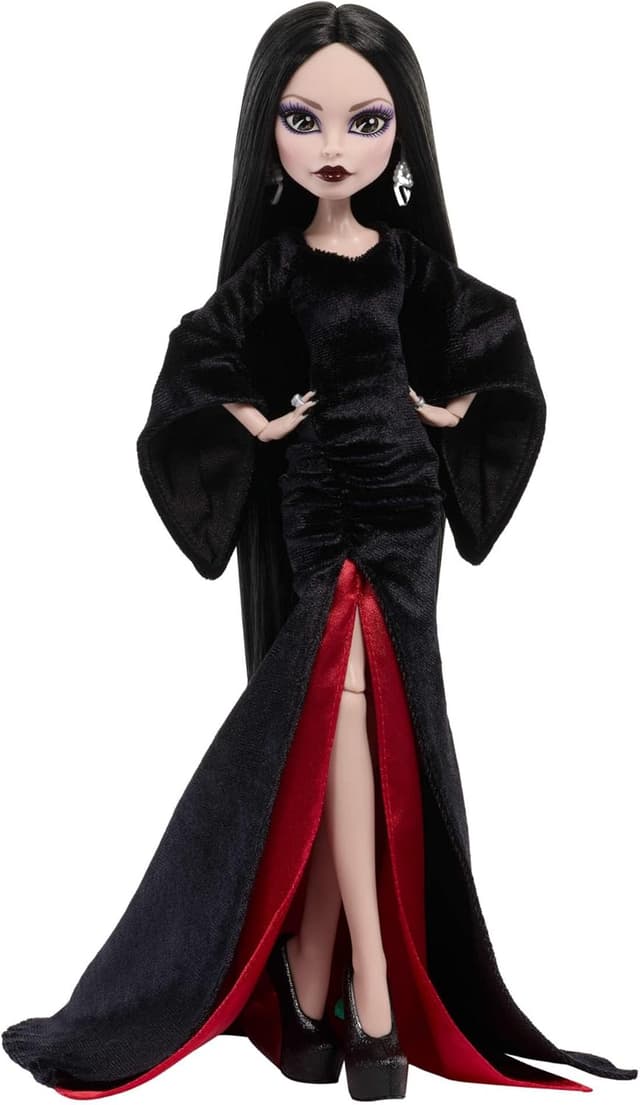 Detalle 2 de Monster High x Wednesday Puppe „Morticia Addams“ (Sammelfigur im schwarz-purpurroten Samtkleid) – JLK99
