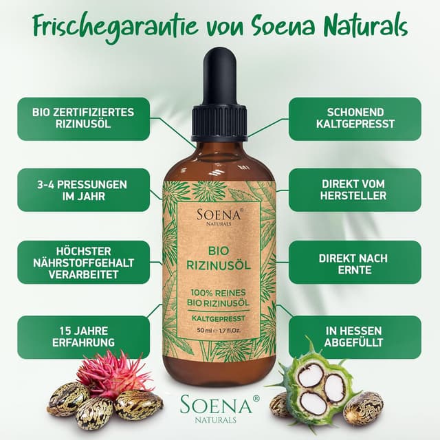 Detalle de BIO Rizinusöl 100% rein, kaltgepresst (Wimpernfläschchen-Set) – Hexanfrei, made in Germany