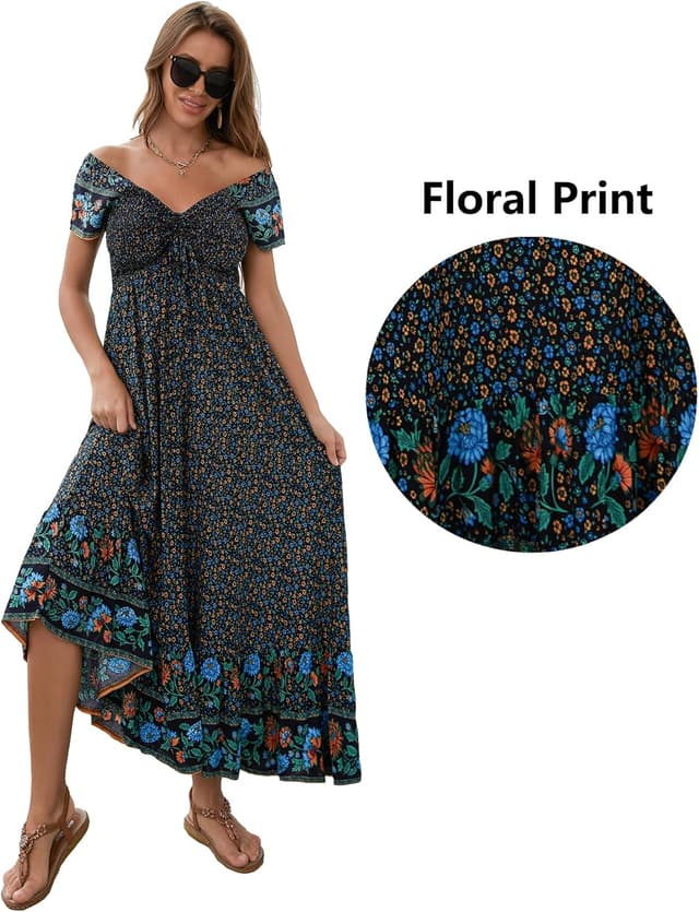 Detalle de Summer Floral Smocked Maxi Dress for Women (2026) – Rayon Boho Tiered A-Line Beach & Party Dress