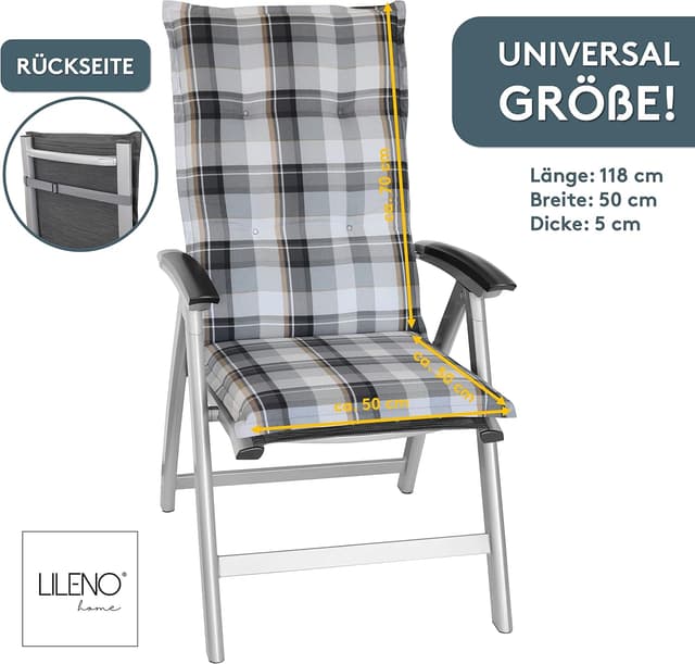Detalle 2 de LILENO HOME Gartenstuhl Auflagen im 2er-Set für Hochlehner (Karo Grau) – Sitzkissen mit UV-Schutz