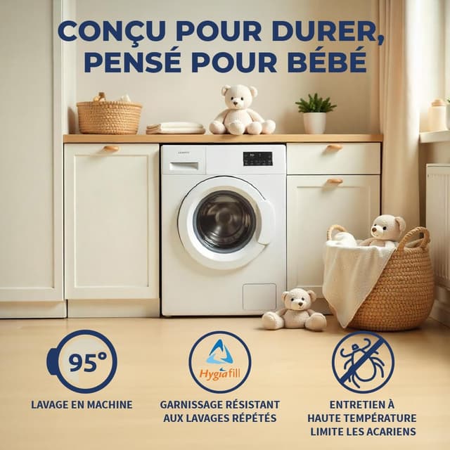 Detalle 2 de Bleu Câlin Pack Bébé Couette légère 75 x 120 cm + Oreiller moelleux 40 x 60 cm (lit bébé 60 x 120 cm), lavable à 95°C, certifié Oeko-Tex