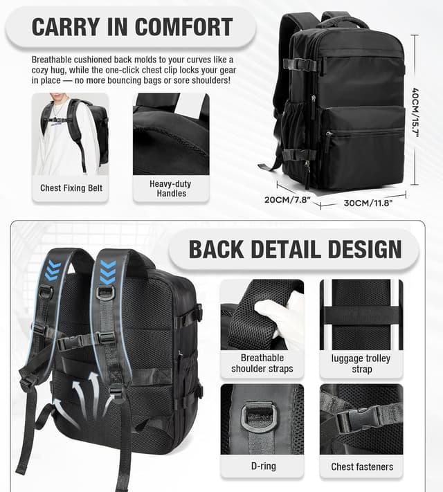 Detalle 2 de BOXSAM Vakuum-Rucksack fürs Handgepäck (Airbag/Vakuumsystem, inkl. Pumpe) – Schwarz